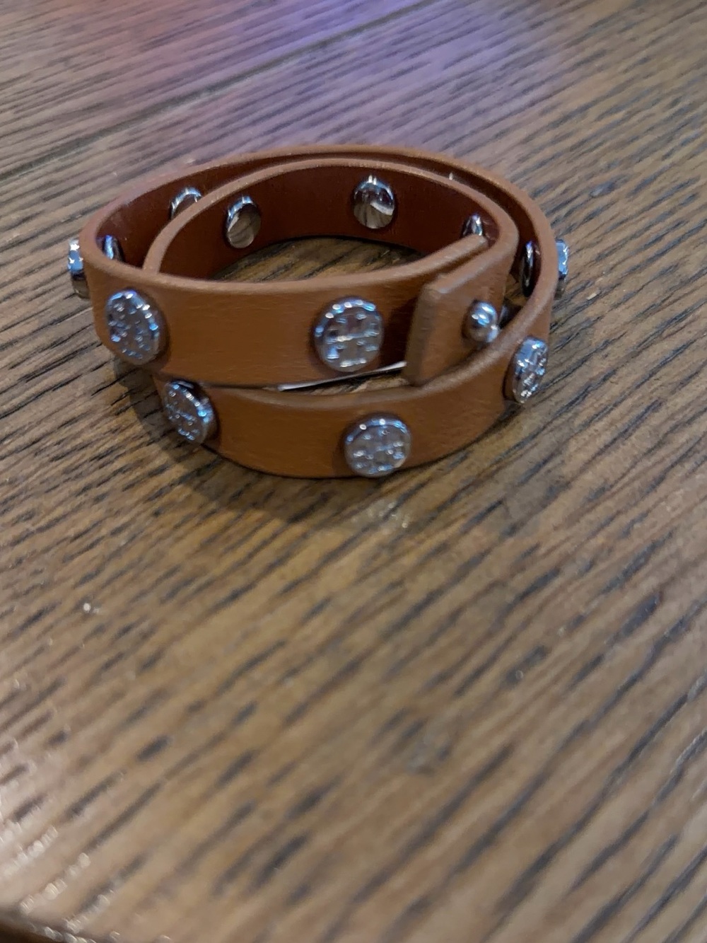 Tory Burch Tan Leather Double Wrap Bracelet with Crystal Studs
